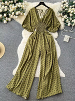 Smocked V-Neck Wide Leg Jumpsuit