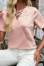 Leopard Jacquard Patchwork Crisscross V Neck Short Sleeve Blouse