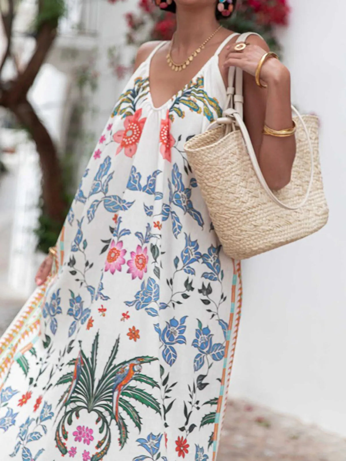 Printed V-neck Summer Maxi Dress - Ladyez