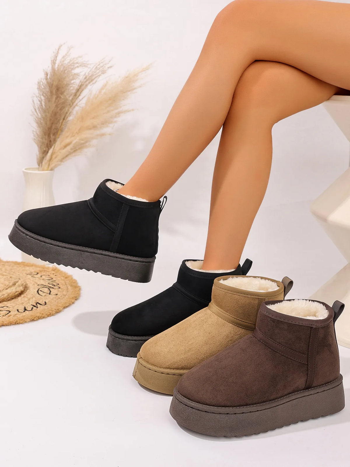 Platform Winter Ankle Boots with Cozy Fleece Lining - Ladyez