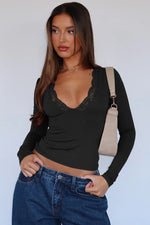 Lace Detail V-Neck Long Sleeve T-Shirt