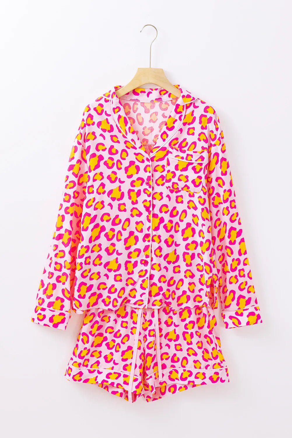 Leopard Collared Neck Long Sleeve Top and Shorts Lounge Set - Ladyez