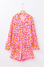 Leopard Collared Neck Long Sleeve Top and Shorts Lounge Set - Ladyez