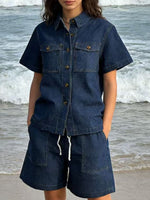 Button Up Short Sleeve Top and Shorts Denim Set