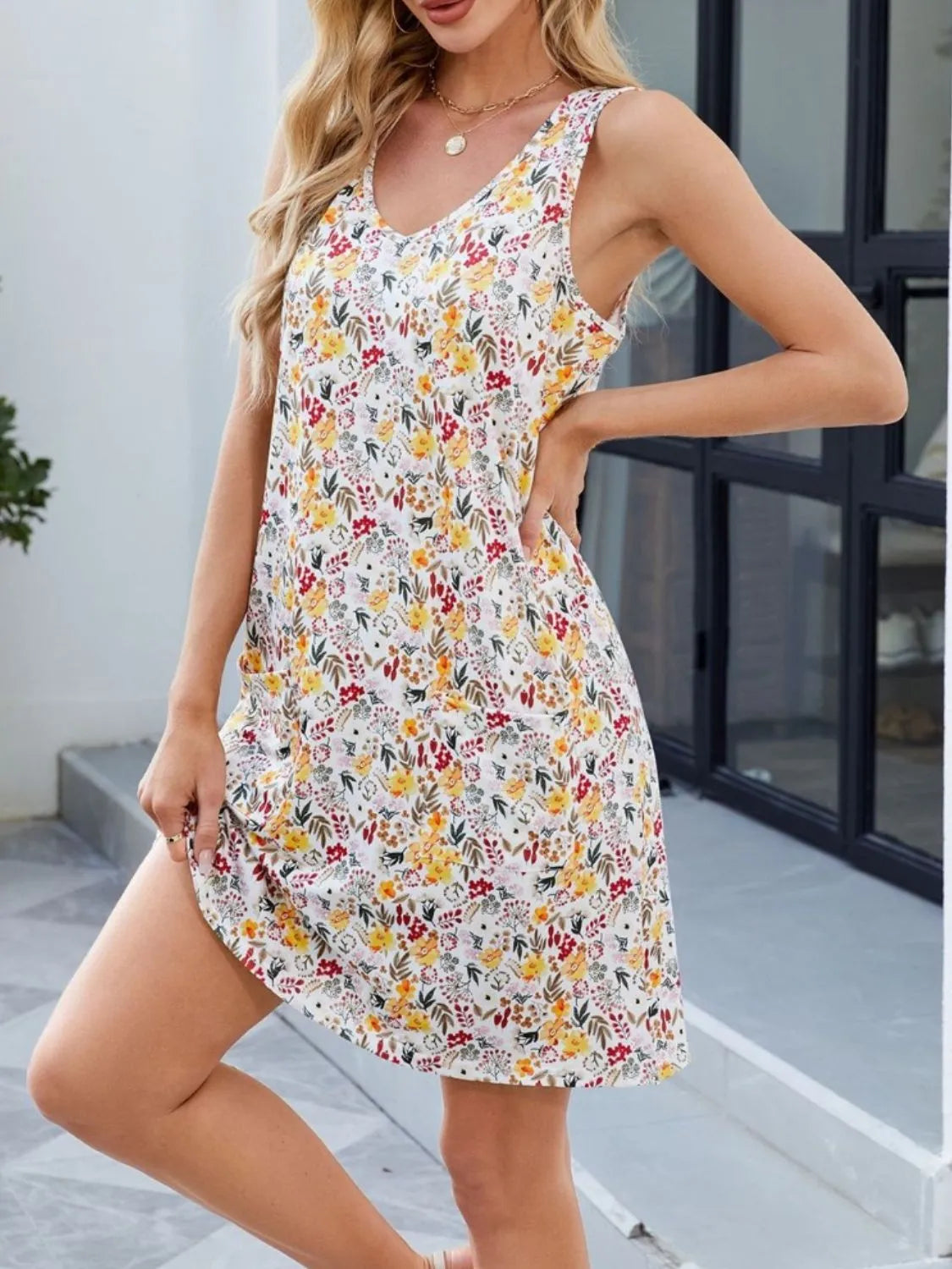 Printed V-Neck Sleeveless Mini Dress with Pockets - Ladyez
