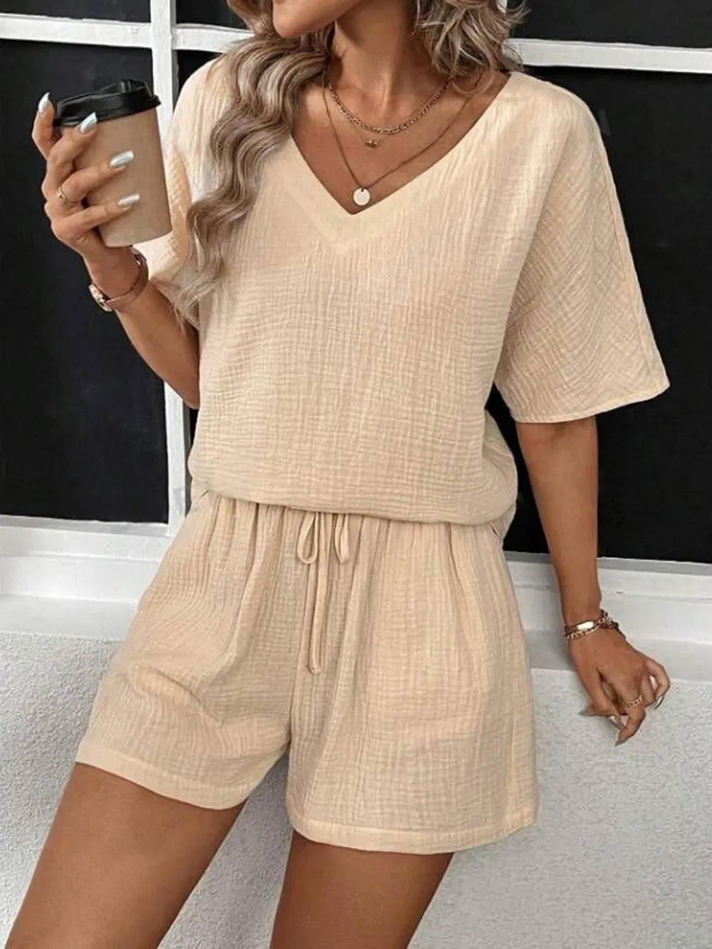 V-Neck Half Sleeve Top and Shorts Set - Ladyez