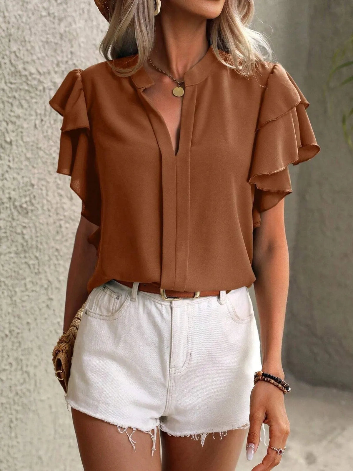 Ruffle Sleeve Notched Blouse - Ladyez