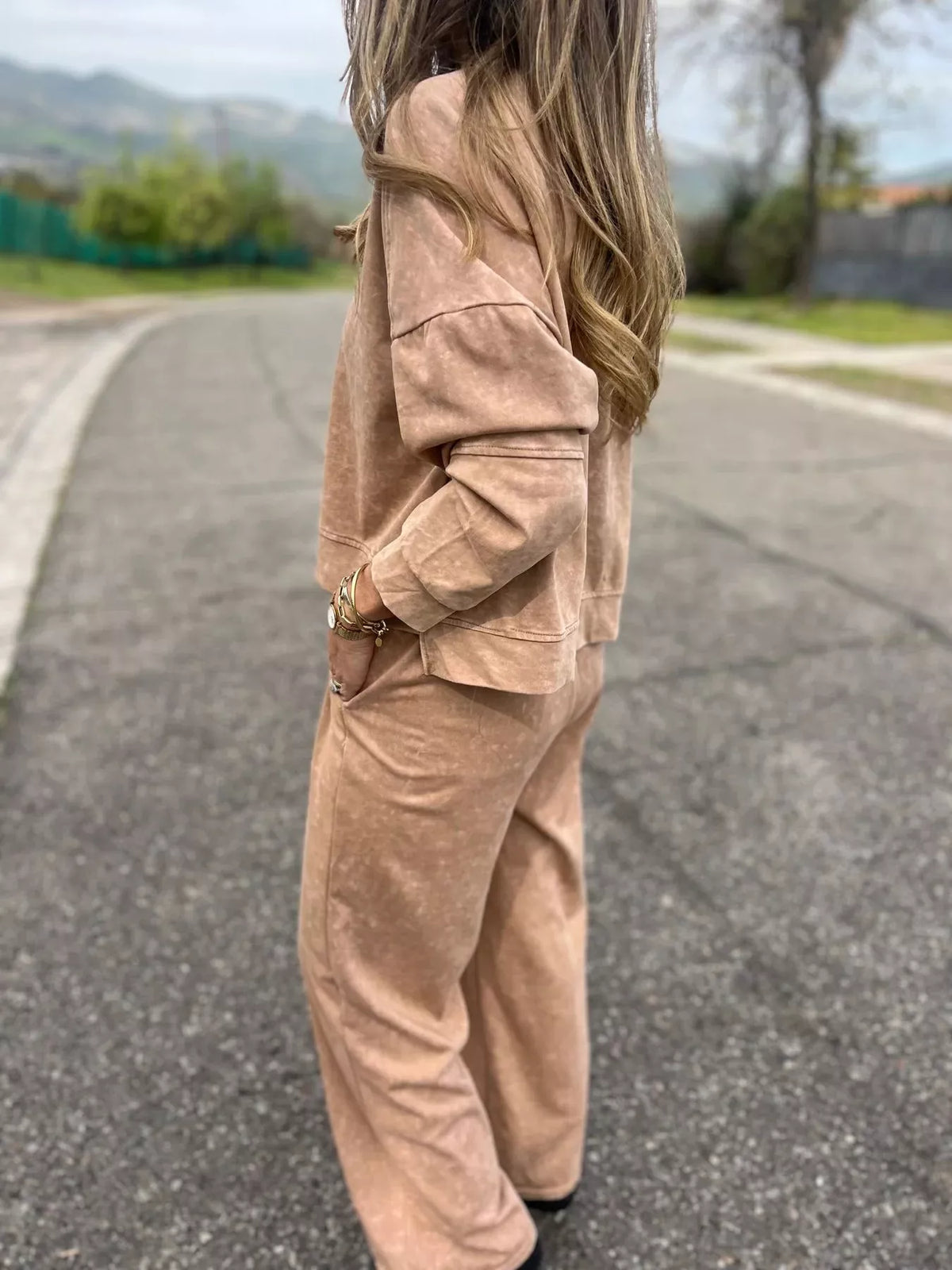 Full Size Washed Round Neck Top and Drawstring Pants Set Plus Size