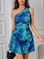 Cutout Drawstring Pleated Tie-Dye Sleeveless Mini Dress