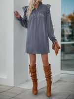 Ruffled Notched Long Sleeve Dress