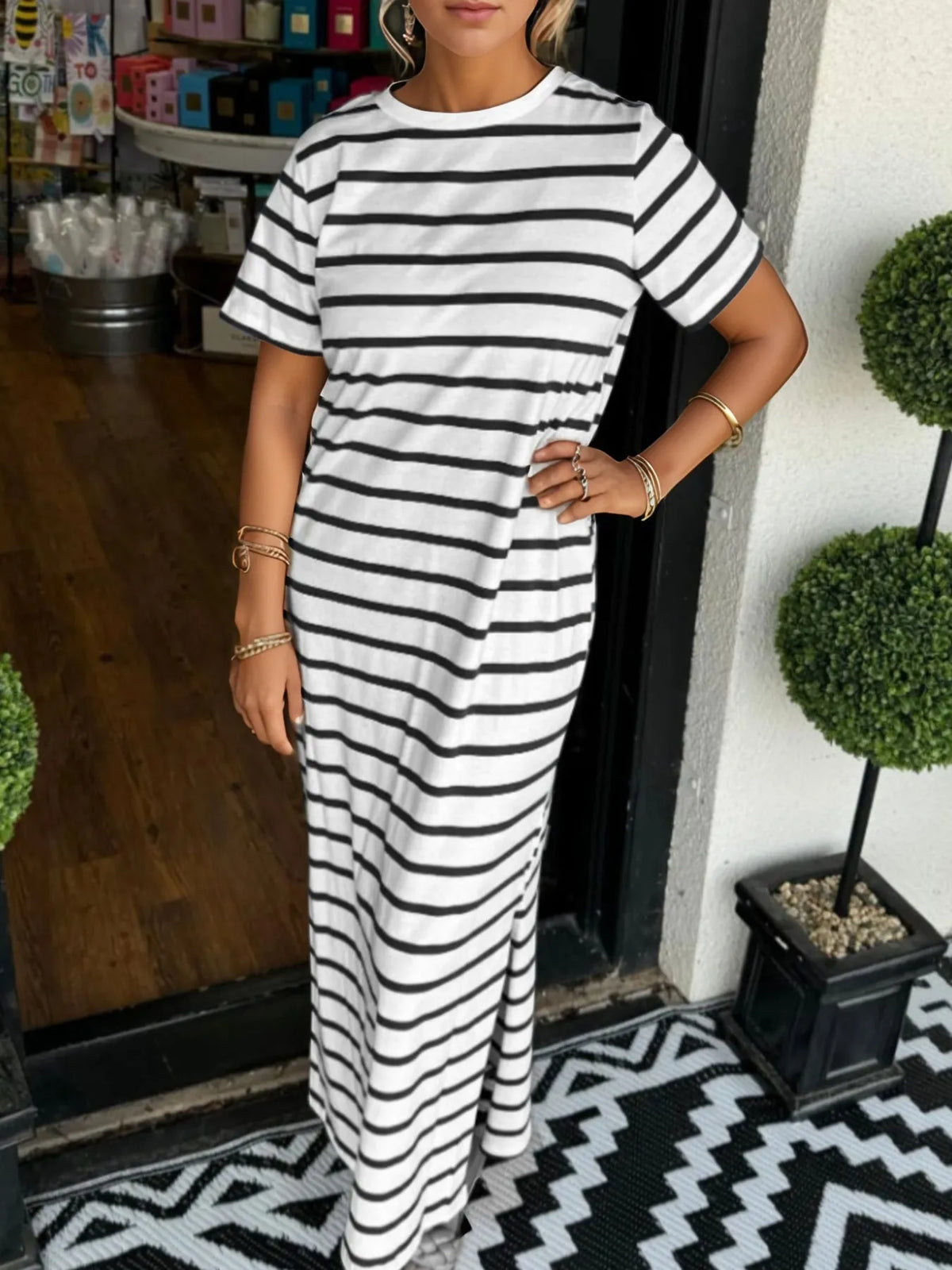 Full Size Striped T-Shirt Maxi Dress with Side Slit Plus Size - Ladyez