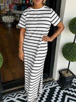 Full Size Striped T-Shirt Maxi Dress with Side Slit Plus Size - Ladyez