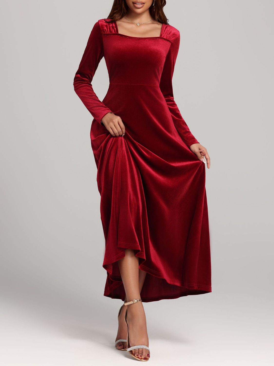 Square Neck Long Sleeve Velvet Dress - Ladyez