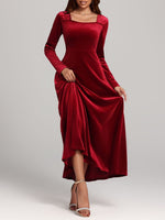 Square Neck Long Sleeve Velvet Dress - Ladyez