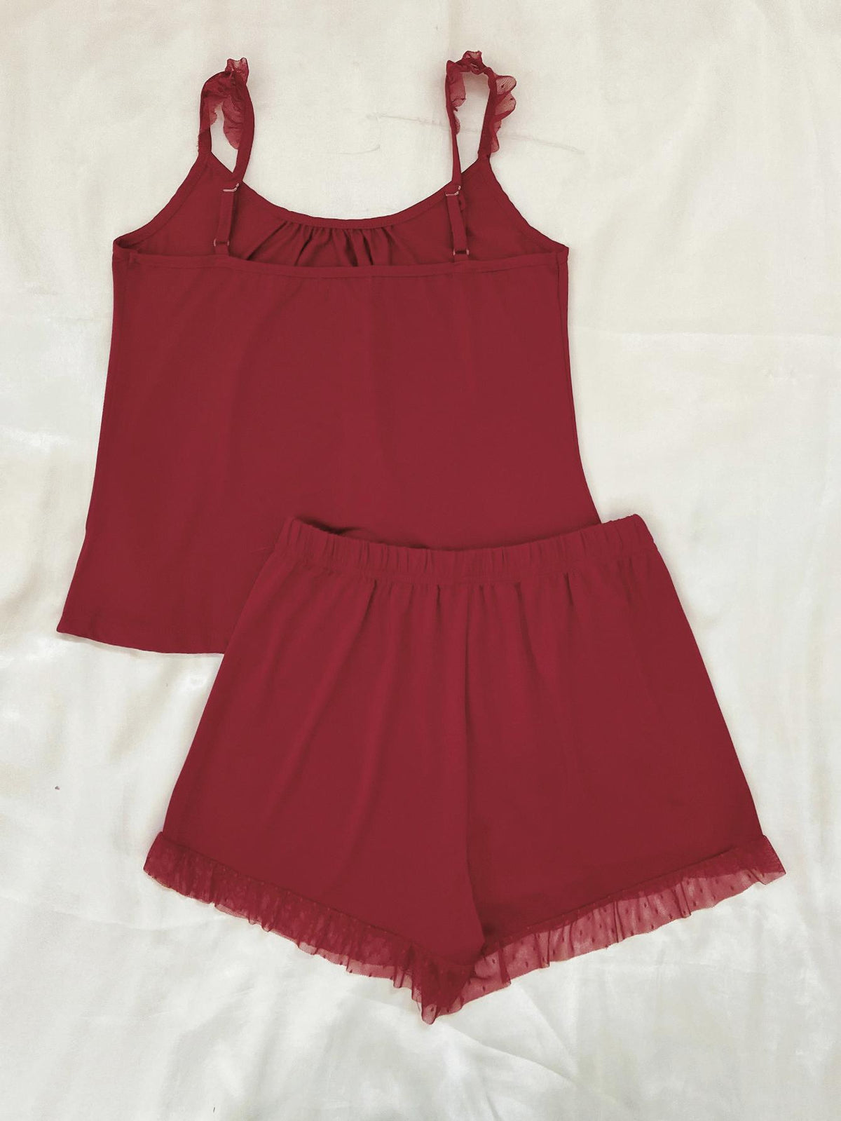 Gathered Detail Spliced Mesh Sleeveless Top and Shorts Lounge Set - Ladyez