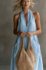 Casual Halter Neck Pocket Midi Dress