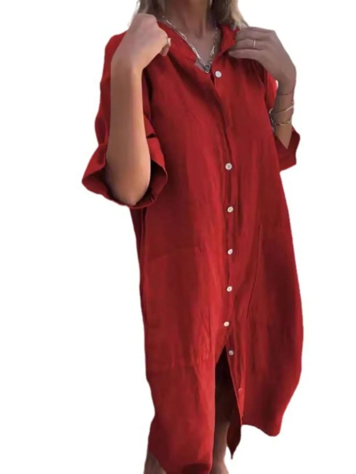 Full Size Casual Linen Button-Down Shirt Dress Plus Size - Ladyez