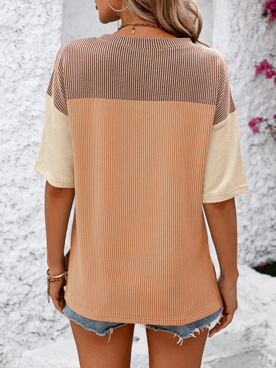 Mandy Color Block Round Neck Half Sleeve T-Shirt - Ladyez