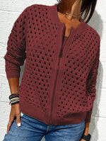 Full Size Zip Up Long Sleeve Cardigan with Eyelet Detail Plus Size