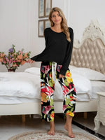 Round Neck Top and Printed Pants Lounge Set - Ladyez