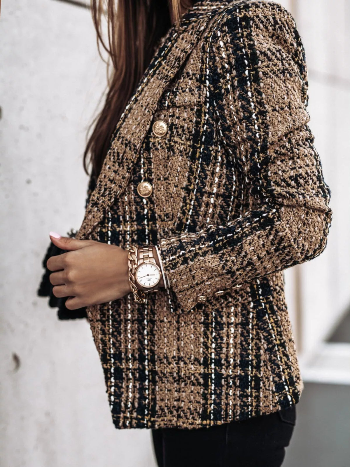 Full Size Plaid Tweed Double-Breasted Blazer Plus Size