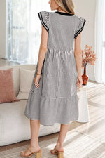 Striped Ruffle Sleeve Tiered Midi Dress