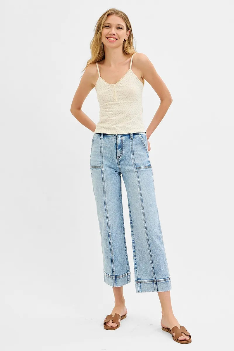 RISEN Full Size High Rise Crop Wide Front Seam Detailed Jeans Plus Size - Ladyez