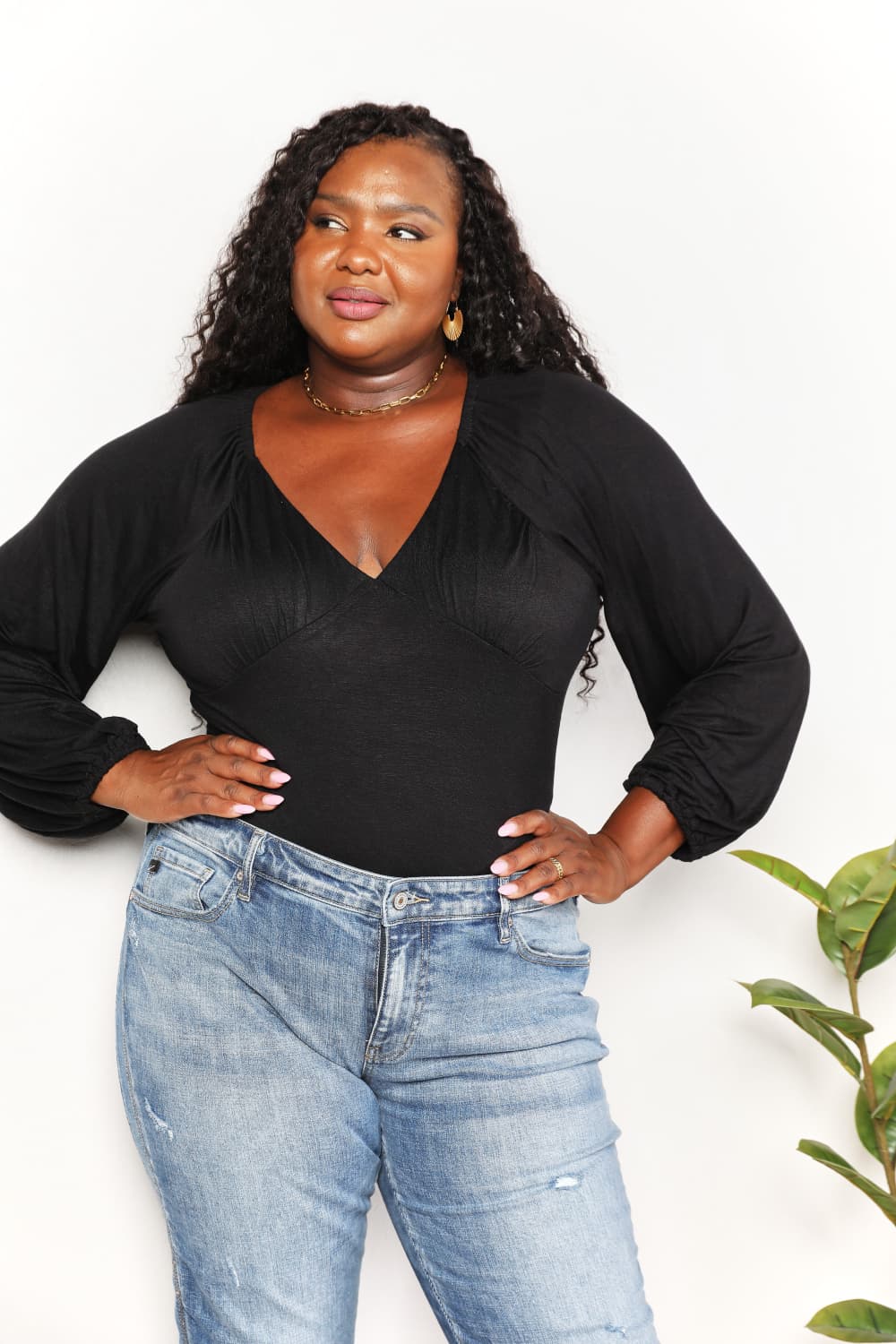 Culture Code Full Size V- Neck Bodysuit - Ladyez