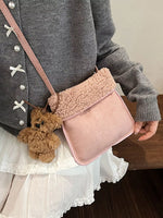 Teddy Bear Charm Plush Trim Crossbody Bag