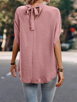 Swiss Dot Mock Neck Half Sleeve Blouse