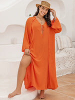 Plus Size Tie Neck Long Sleeve Slit Dress - Ladyez