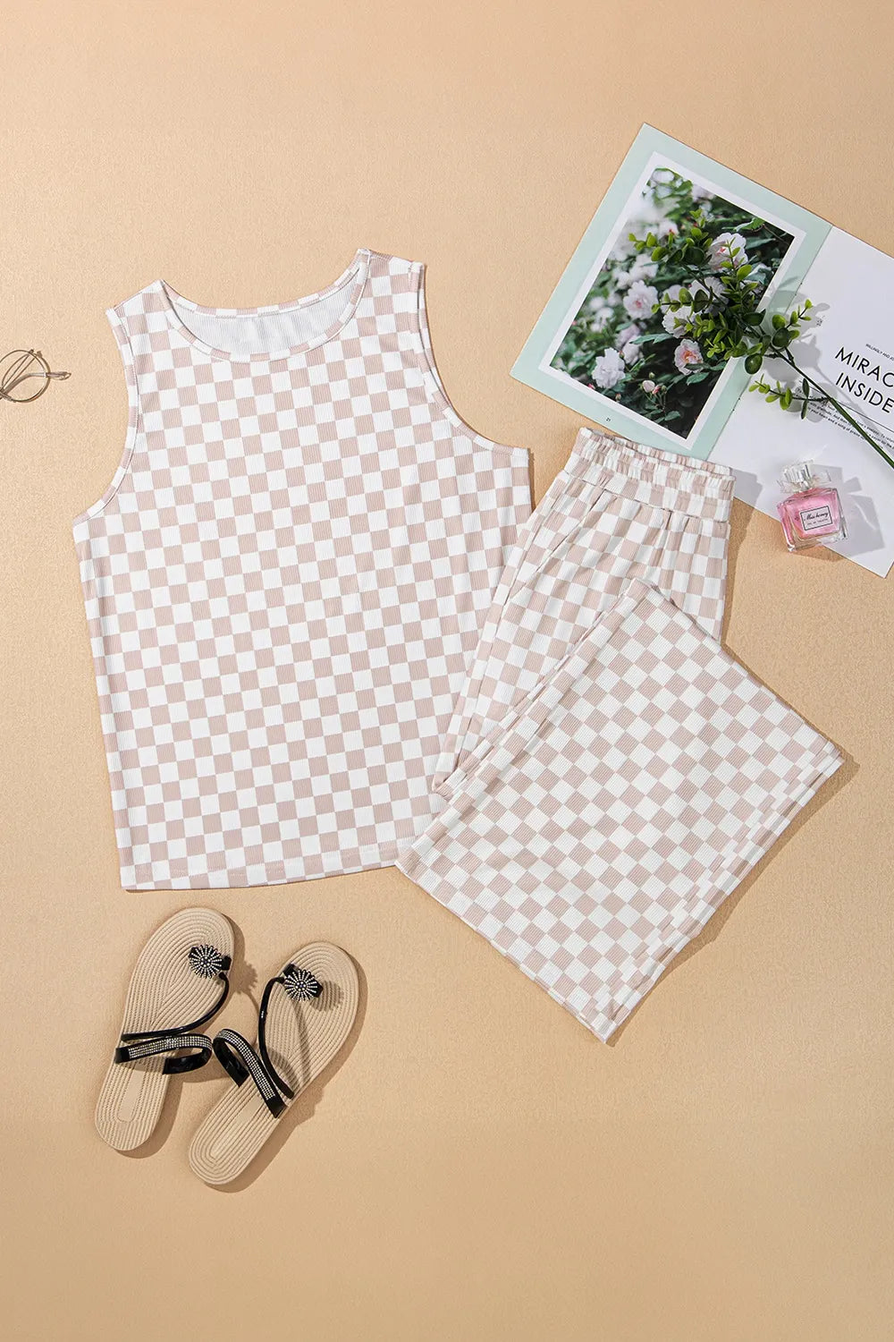 Ribbed Texture Checkered Print Tank and Pants Set - Ladyez