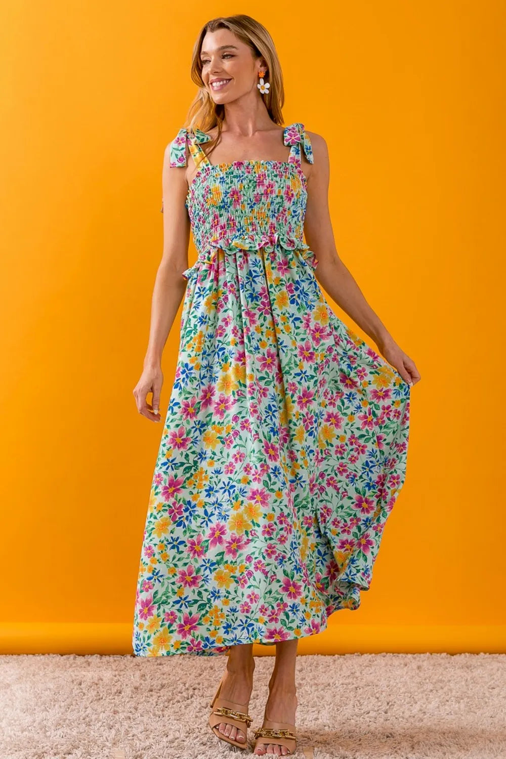 BiBi Floral Ruffle Trim Smocked Cami Dress - Ladyez