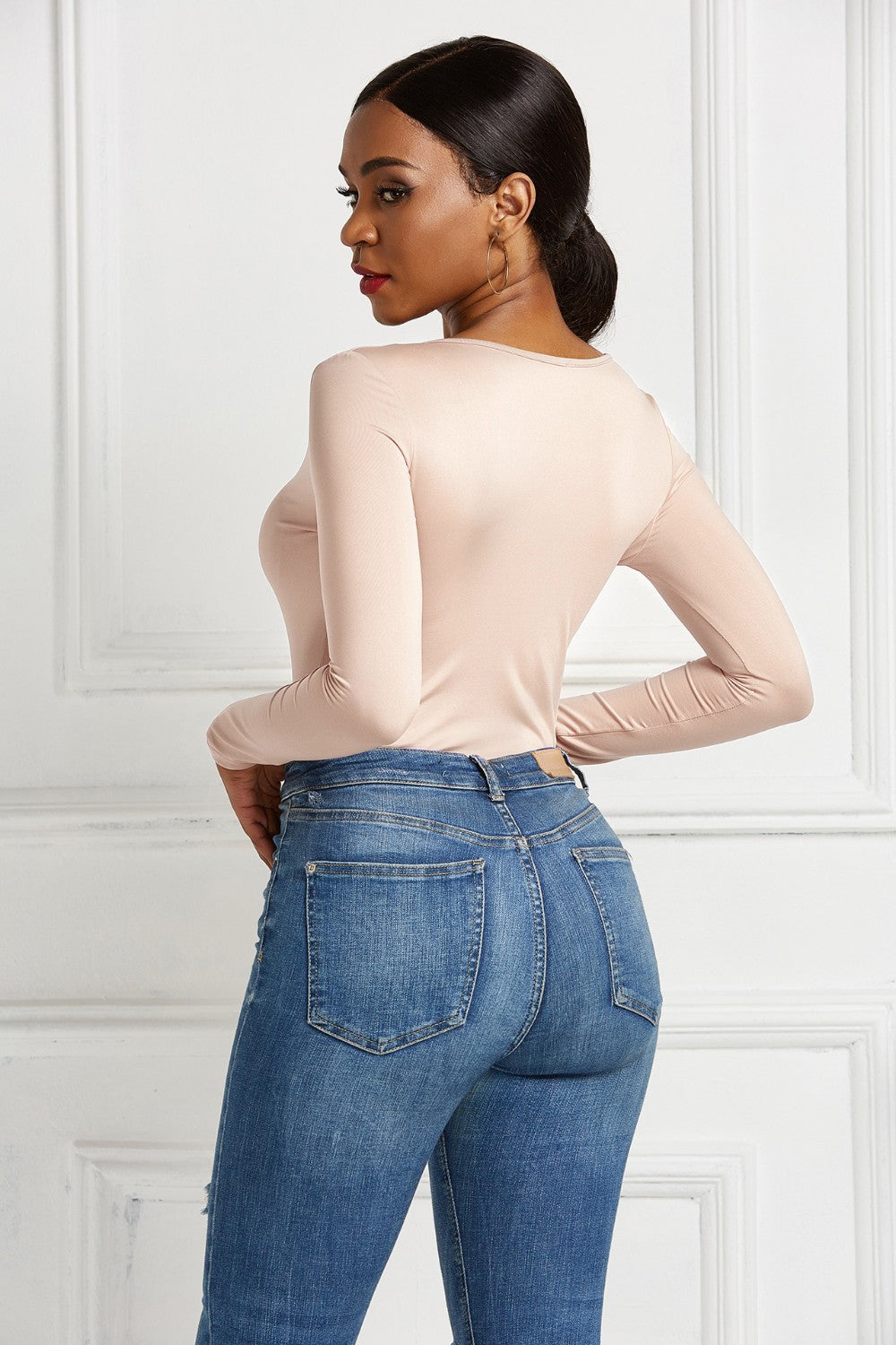 Half Zip Scoop Neck Long Sleeve Bodysuit - Ladyez