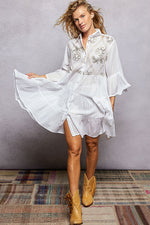 POL Floral Sequin Embroidered Mini Tiered Shirt Dress