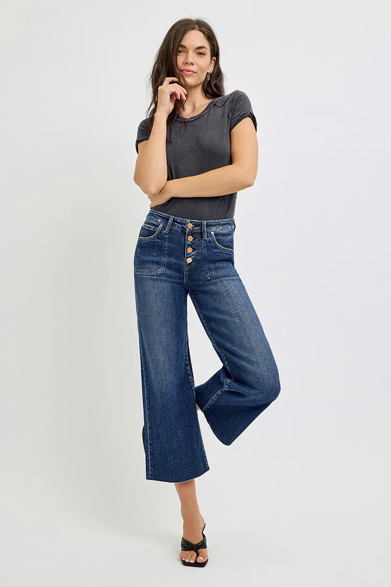 RISEN Full Size High Rise Crop Wide Button Up Jeans Plus Size - Ladyez