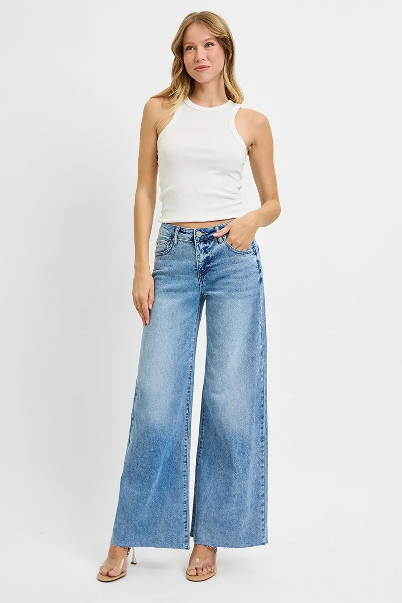 RISEN Full Size Tummy Control High Rise Ankle Palazzo Jeans Plus Size - Ladyez