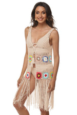 Openwork Fringe Detail Embroidery Sleeveless Cover-Up - Ladyez