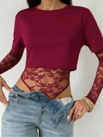 Lace Patchwork Round Neck Bodysuit