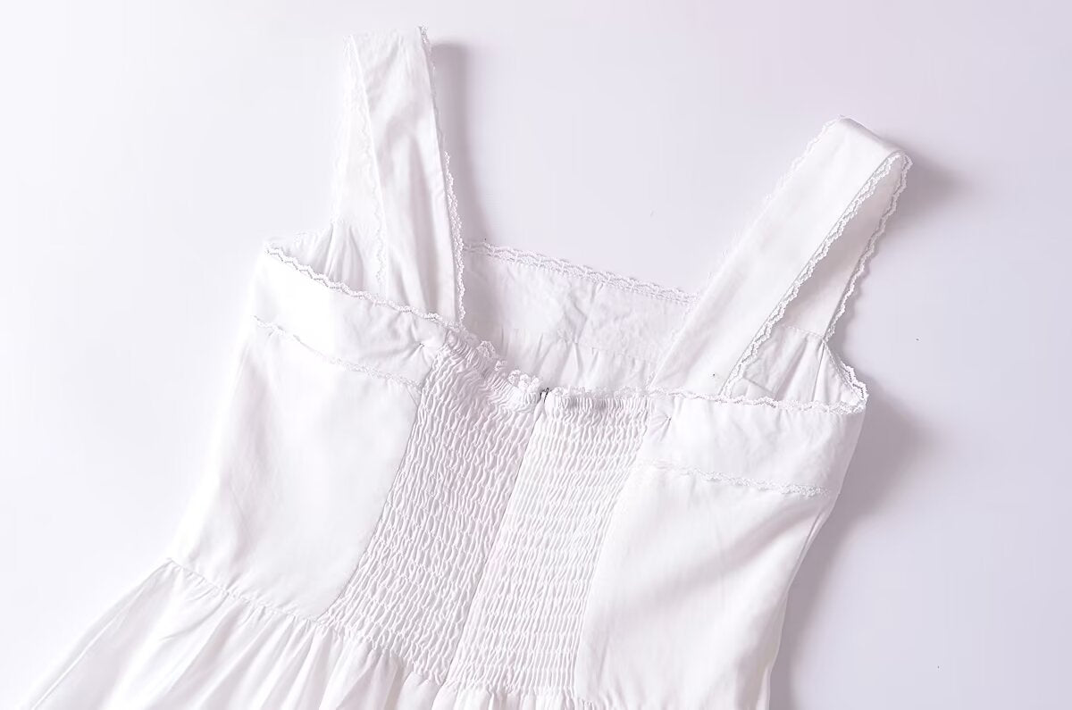 French Retro Lace Bowknot Decoration Square Collar Vest Dress Cami Dress Summer Slim Fit A Line Dress Women