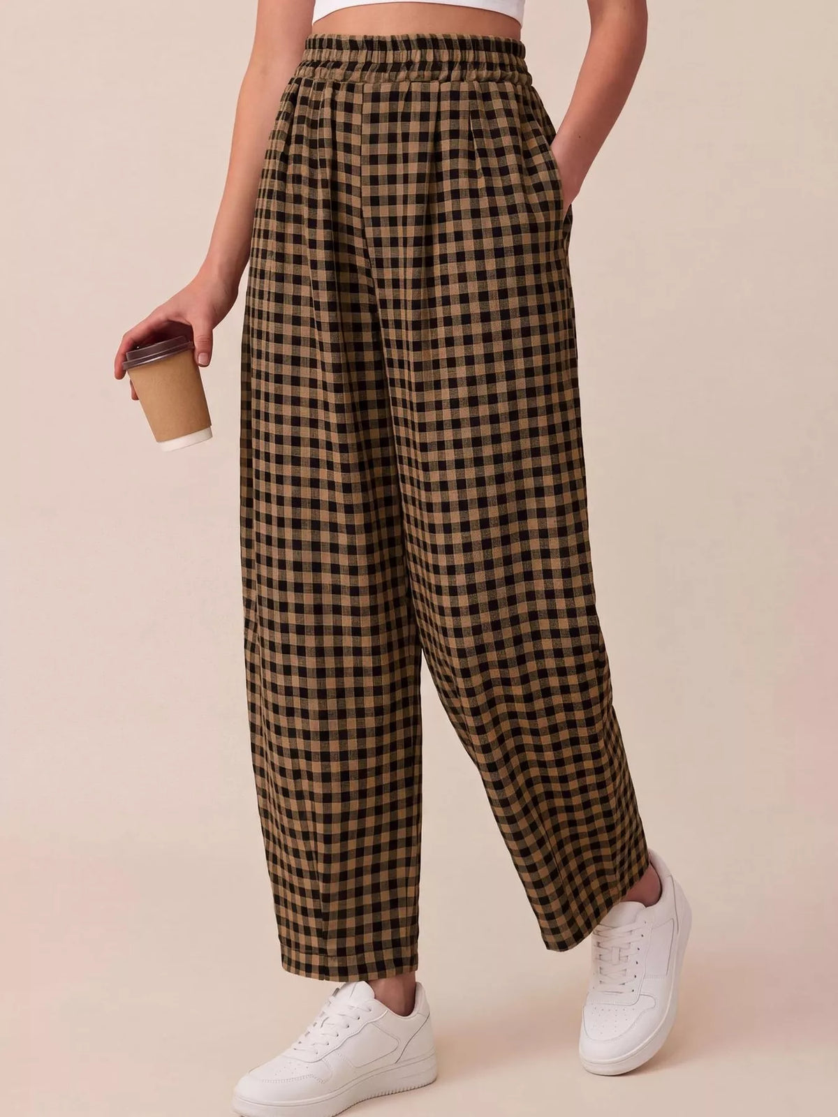 Gingham Wide-Leg Casual Pants