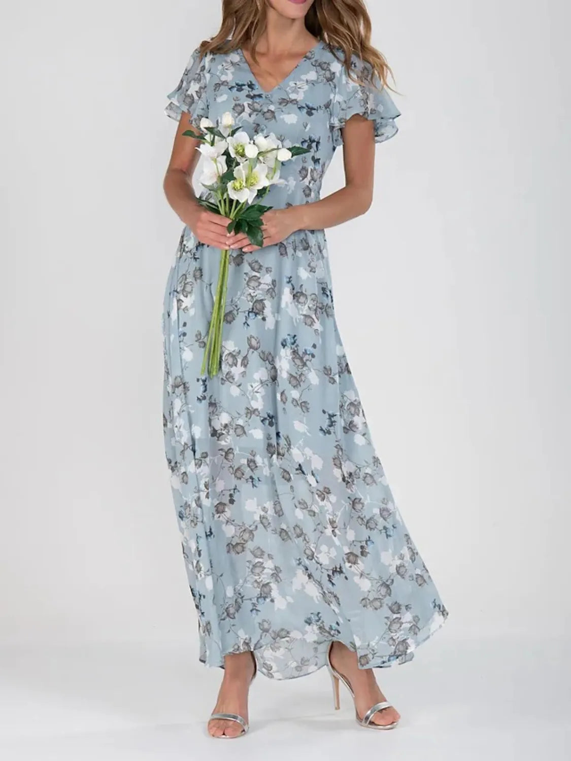 Floral V-Neck Flutter Sleeve Maxi Dress - Ladyez
