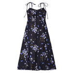 Spring Women Floral Print Vacation Sexy Slit Tied Spaghetti Strap Dress