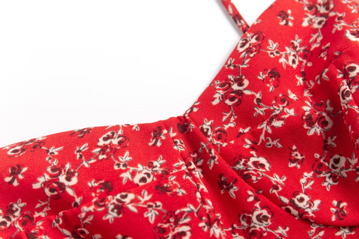 Summer Seaside Holiday Suspender Dress Dress Women Fresh Sweet Floral Slim Fit Cinched Mid Length Dress