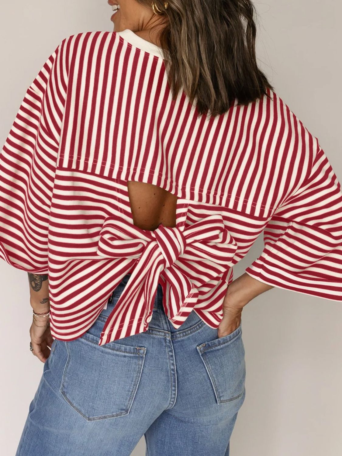 Stripe Bow Decor Cutout Drop Shoulder Top - Ladyez