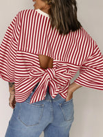 Stripe Bow Decor Cutout Drop Shoulder Top - Ladyez