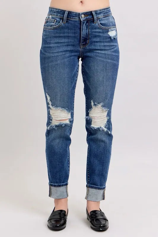 Judy Blue Full Size Mid Rise Boyfriend destroy Jeans with Yoke Pockets and Faux Selvedge Cuff Plus Size - Ladyez