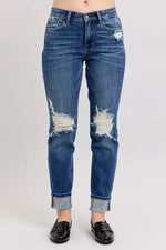 Judy Blue Full Size Mid Rise Boyfriend destroy Jeans with Yoke Pockets and Faux Selvedge Cuff Plus Size - Ladyez