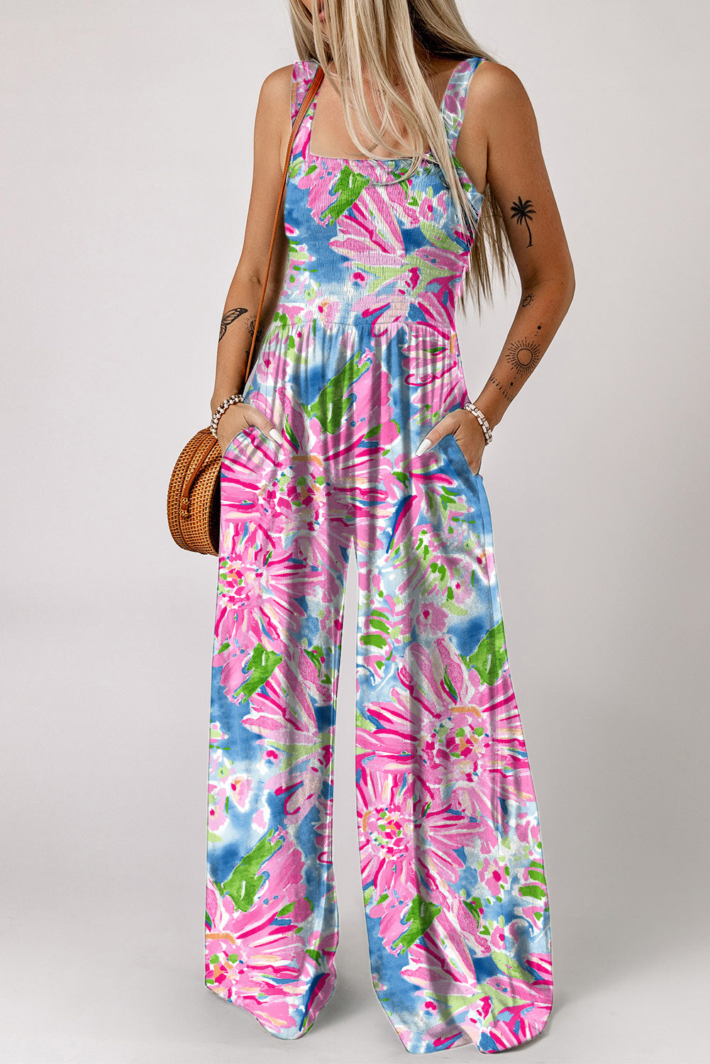 Floral Smocked Square Neck Jumpsuit with Pockets - Ladyez
