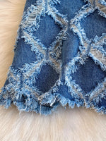 Distressed Diamond Pattern Jacket and Shorts Denim Set
